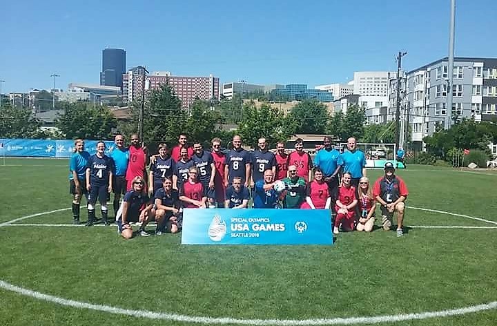 Maine’s Special Olympic soccer team, featuring Valerie Giles (number 4 in photo) will bring home the silver medal from the USA Games in Seattle. Courtesy of Lisa Bird