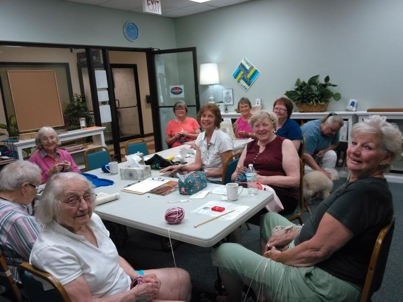 The Community Center’s Monday morning knitting group. JANE CARPENTER/Boothbay Register