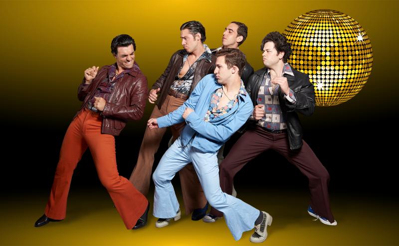 They put on their “Boogie Shoes.” From left are Jacob Tischler (Tony), Anthony J. Gasbarre III (Joey, Nic Casaula (Gus), Drew Carr (Bobby C), and Casey Shane (Double J). Aaron Flacke photo