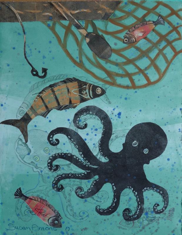 Susan Amons’ "Octopus & Net #1”, monoprint with pastel is on display at The Green Lion Gallery, Bath, through mid-August. Courtesy of David Morgan Susan Amons