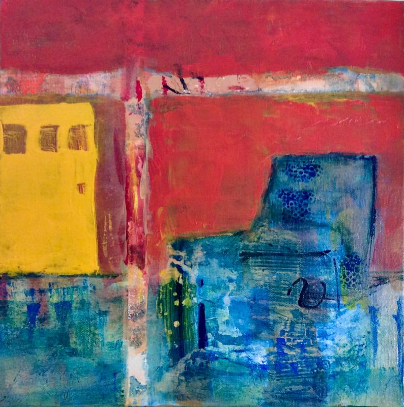 Chair with Door, acrylic and collage, by Wiscasset artist Donna Barnako is one of her collection of recent abstract paintings on exhibit during the Wiscasset Art Walk on Thursday, Aug. 30, 5 to 8 p.m. Talk with the artist at the Pop-Up Gallery, 64 Main St. Courtesy photo