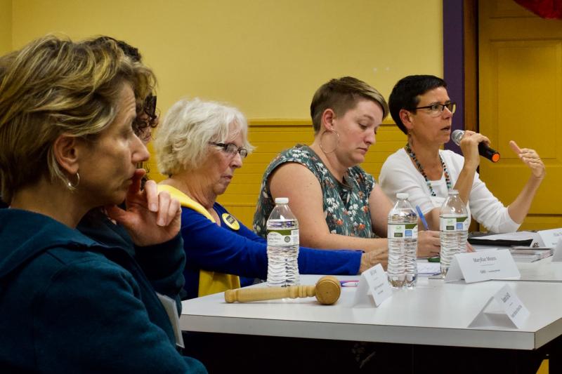 Eliza Townsend, executive director of The Maine Women’s Lobby, makes a point about the plight of Maine women and families who live in poverty during the “Power of Women in Politics in 2018: Voting, Running, Resisting” panel discussion at the LCDC monthly meeting Sept. 26. From left are Shannon Carr, MD, Molly Cowan, MaryRae Means, Cait Vaughan and Townsend. Courtesy photo