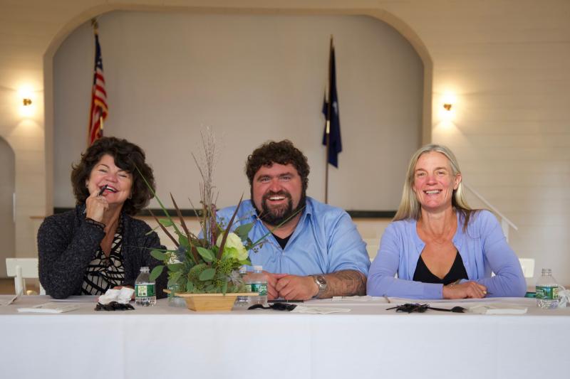 From left, Foodie Tour Director Pam Laskey, Down East Magazine Food Editor Joe Ricchio, and lobsterperson Merritt Carey, were the judges at Claw Down. Bob Crink photo