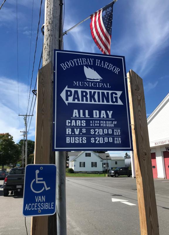 The parking lot sign on Howard Street. KELLIE BIGOS/Boothbay Register