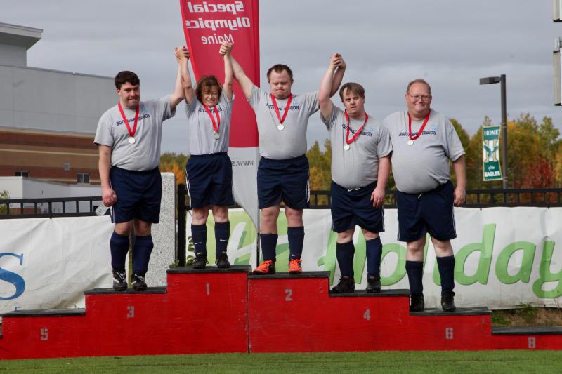The silver medal-winning adult soccer team from Boothbay. Pictured from left are Joey Ranco, Ronda LeConte, Danny Miller, Matt Farnham and Donny Dunning. Earl Brewer photo