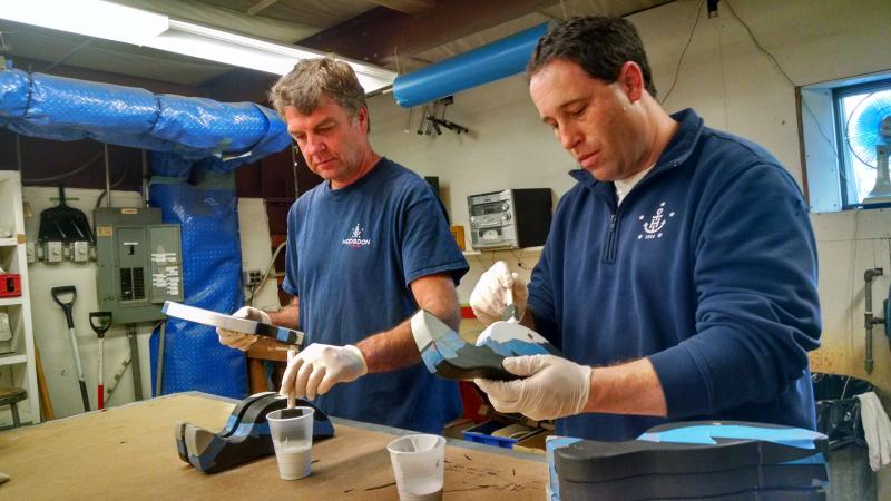 Hodgdon Yacht Services employees, including Don Oakman, left, and Chad Jones are building 150 handmade toys for Toys for Tots. MARGARET HOFFMAN/Boothbay Register