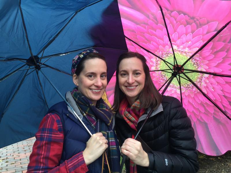 Identical twins Gabrielle, left, Angela DiPerri of Wiscasset are on the right track with umbrellas for Wiscasset’s Early Bird Nov. 10. SUSAN JOHNS/Wiscasset Newspaper