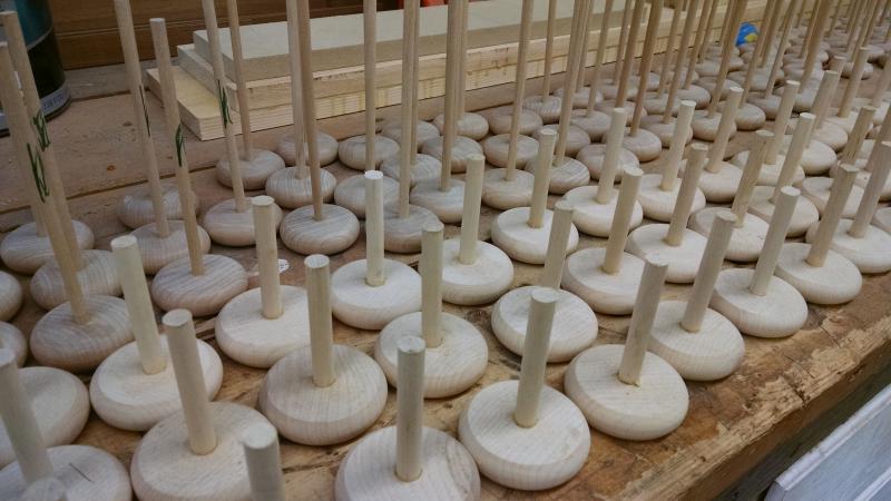 Wheel assemblies ready for paint and shellac. MARGARET HOFFMAN/Boothbay Register
