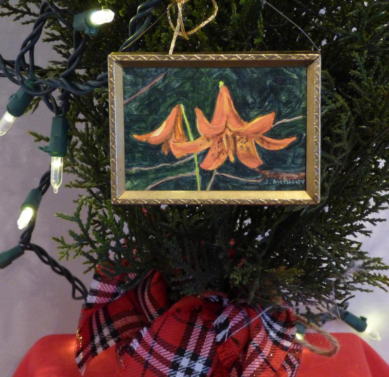 Janice Anthony, Canada Lilies, acrylic, 4” double sided ornament - included in the Art for the Holidays show at Gleason Fine Art. Courtesy of the gallery