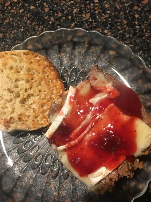My meatloaf sandwich: English muffin with baked brie and homemade strawberry- rhubarb jam. LISA ORNE HALLINAN/Boothbay Register