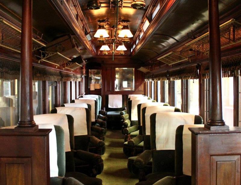 This car features plush swivel seats, a smoking section, a restroom, and other amenities. Courtesy of Maine Narrow Gauge Railroad Co. & Museum