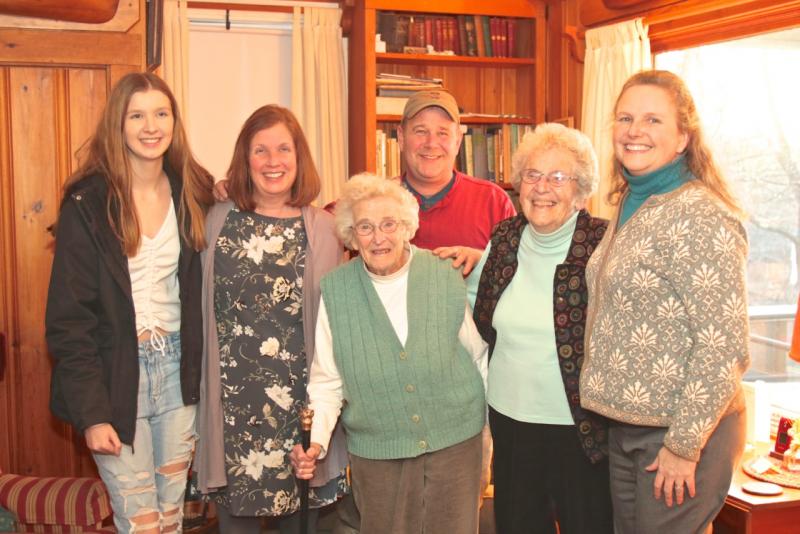 More family members in attendance at the presentation of the Boston Post Cane to Jean Thompson. From left are Kali Chase, Cory Chase, Jean Thompson, Jerry McGrail, Evelyn Sherman and Sarah Sherman. Robert Mitchell photo