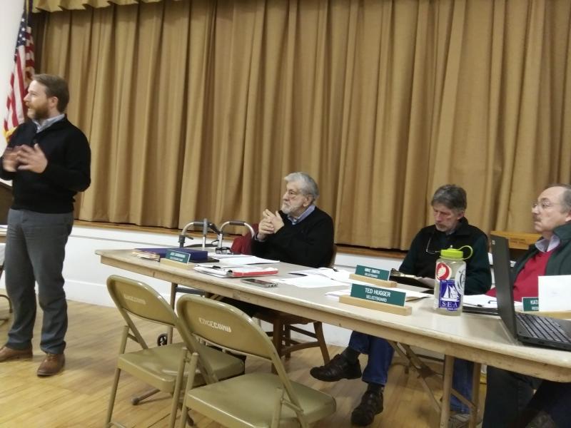 With Edgecomb selectmen presiding, attorney Jonathan Pottle answers residents‘ questions about a proposed TIF amendment at the public hearing Jan. 14. JANE CARPENTER/Boothbay Register