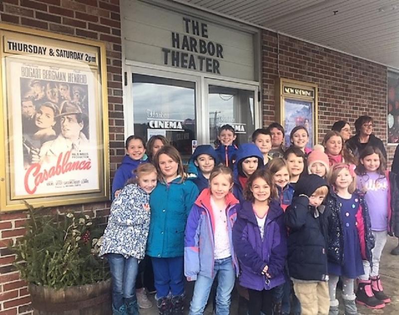 Some of the 308 Boothbay and Southport school children who attended two free showings of "Smallfoot" Feb. 15 at Harbor Theater, made possible by a Boothbay Harbor Rotary Club grant. This was the second of four movies this year for school kids, picked by their teachers and sponsored by Rotary. Courtesy of Harbor Theater