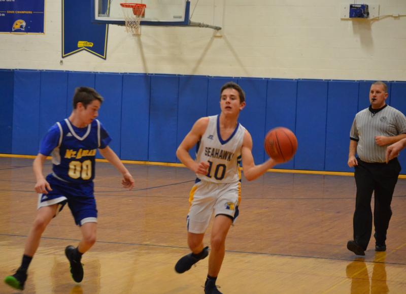 Boothbay guard Sullivan Rice makes a pass Jan. 31 as the Seahawks won their 13th game beating Mount Abram 81-55. BILL PEARSON/Boothbay Register