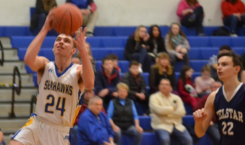 Seahawk captain Steve Reny scored 18 points Feb. 6 in his final home game for Boothbay in the team’s 101-36 win over Telstar. BILL PEARSON/Boothbay Register