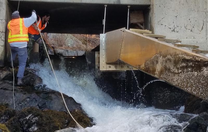 Kipp Farrin, left, and Josh Cook thread the siphon pipe through the dam in the box culvert. Merritt Blakeslee photo