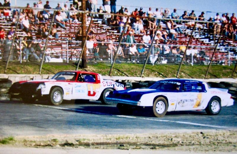 This picture was taken at Wiscasset Raceway in 2001 and shows Dale Chadbourne racing against his son, Adam. Dale’s car #0 is in the lead. Courtesy of Dale Chadbourne