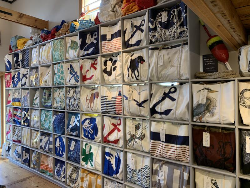 Every Sea Bags retail store features a “Tote Wall” to show off their many designs. This one is in Rehoboth Beach, Delaware. Courtesy of Sea Bags