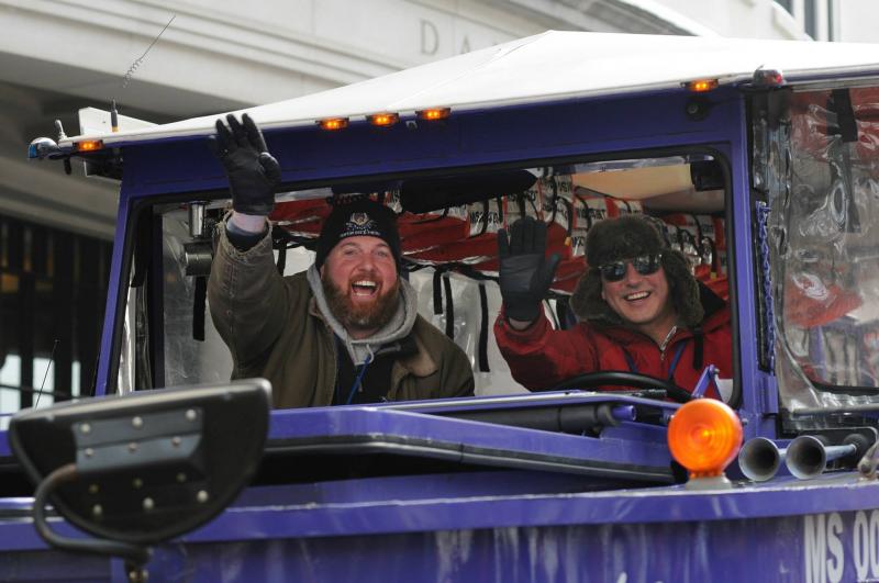Chris Makridis behind the wheel of a duck boat during the Patriots’ victory parade in February. Courtesy photo