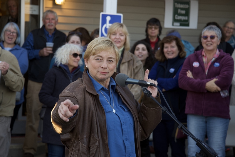 Then-gubernatorial nominee Janet Mills takes questions at the Lincoln County Democrats’ “Rally for Democracy” in late October 2018. Courtesy of Bob Crink