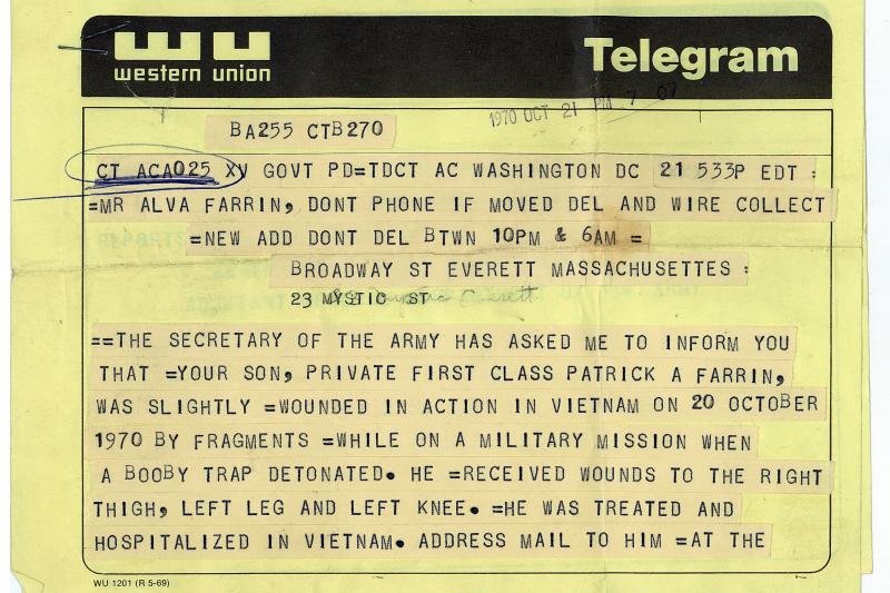 The telegram that Pat Farrin’s mother received informing her of his war wounds. Courtesy photo