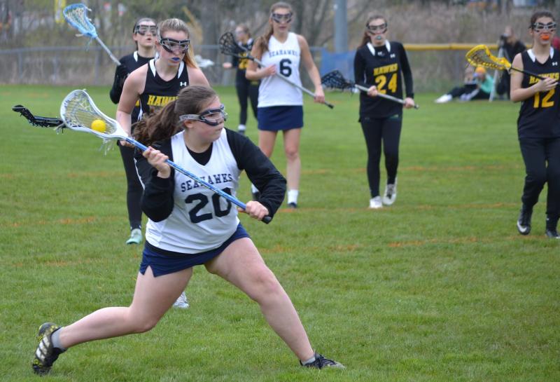 Boothbay’s Emilie Crocker scored a goal May 17 in the Lady Seahawks’ 10-7 home victory over the combined Maranacook/Winthrop squad. BILL PEARSON/Boothbay Register