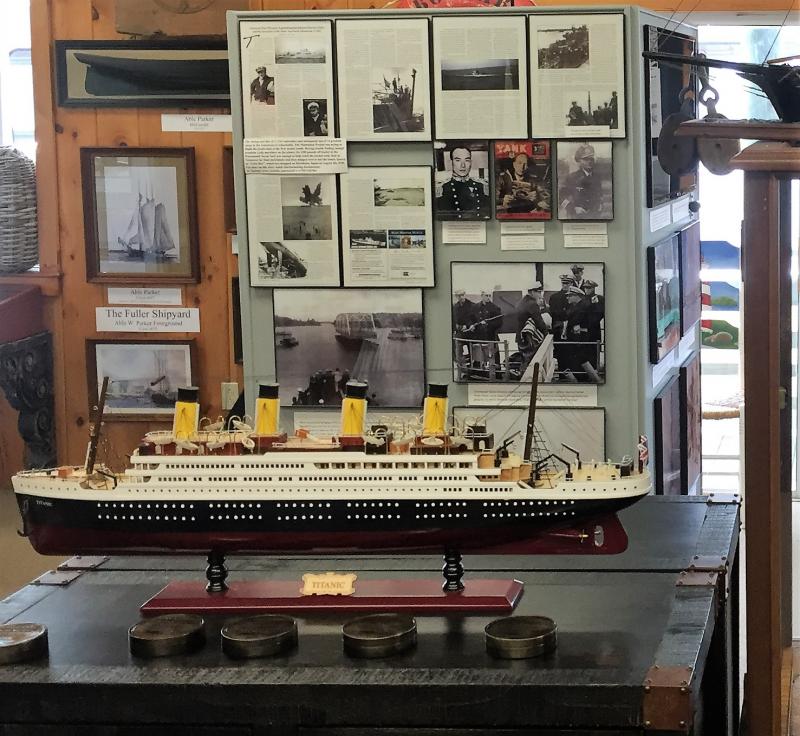 Bowdoin kiosk behind the Titanic model. The “unsinkable” ship had Maine passengers onboard. LISA KRISTOFF/Boothbay Register