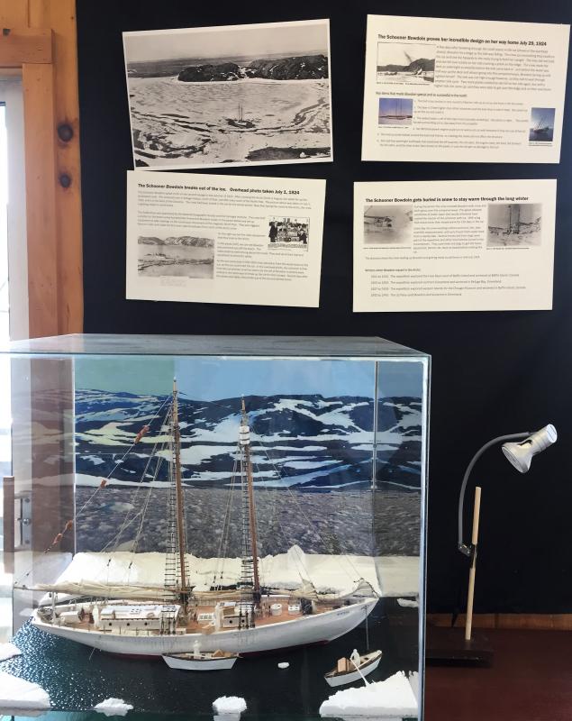 A four-sided kiosk relates the story of Schooner Bowdoin. The diorama was created by Jon Dunsford.