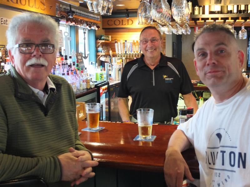 Retired economics professor Ron Cameron of Riverside, California and his nephew, Darryl Fitzgerald of Milton, Massachusetts traveled from the Sebago Lake region June 21 to meet their political hero at McSeagulls Restaurant. BILL PEARSON/Boothbay Register