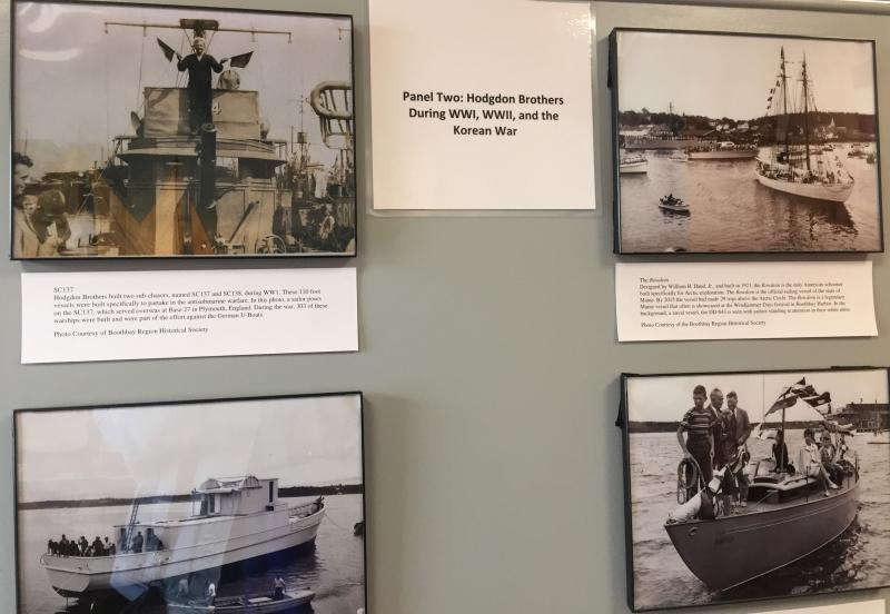 One side of the Hodgdon Yachts exhibit that features a sample of its the composite material. LISA KRISTOFF/Boothbay Register