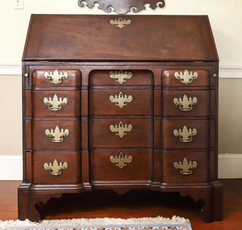Boston Chippendale block front desk with carved mahogany fully developed two-tier blocked interior