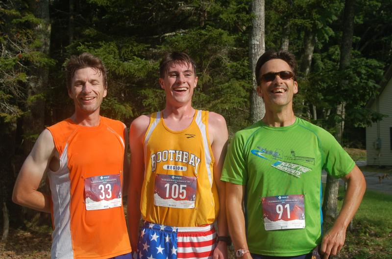 Top men runners Nick Scott, winner Will Perkins and Jason Bigonia. ART MAYERS/Boothbay Register