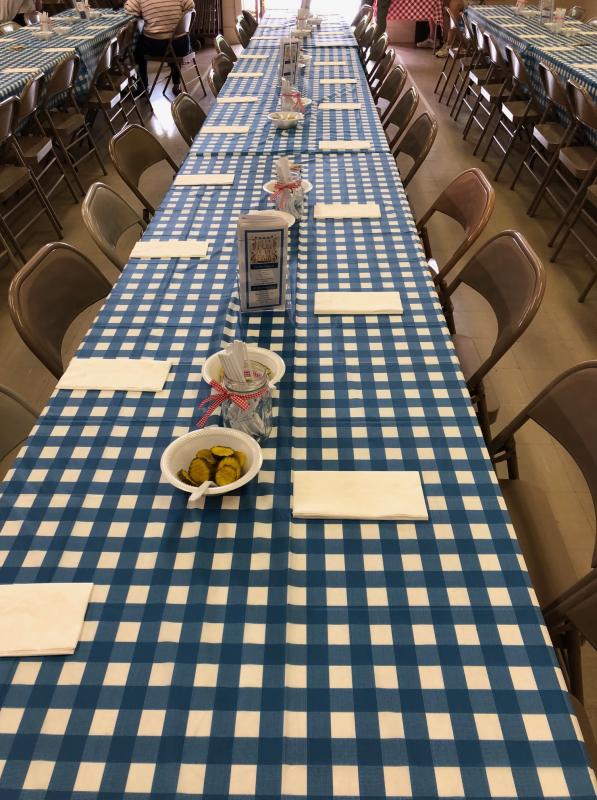 Long rows of tables await the lunch crowd.CRAIG LANCASTER/Boothbay Register Southport, Southport Country Fair, Southport Town Hall, Southport United Methodist Church