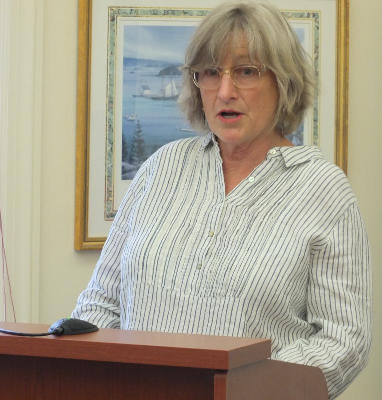 During the July 10 board meeting, Knickerbocker Lake Association president Paula Arsenault invites selectmen to the organization’s annual meeting. BILL PEARSON/Boothbay Register