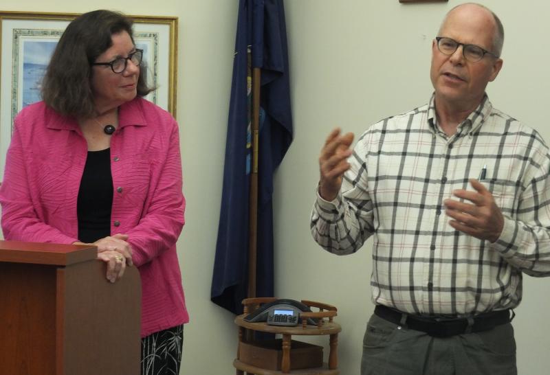 During the July 10 Boothbay selectmen's meeting, Boothbay Farmers Market Association’s Dan Sortwell discusses concerns about a September start date for Boothbay Common renovations. BILL PEARSON/Boothbay Register