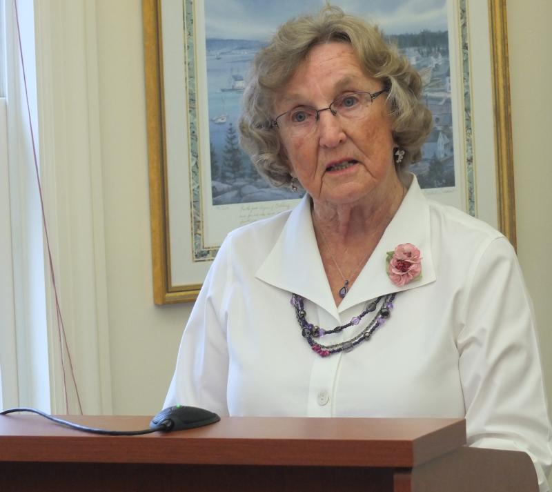 During the July 10 selectmen's meeting, Landscape Committee co-chairman Linda Redman discusses plans for Boothbay Common renovations slated for September. BILL PEARSON/Boothbay Register