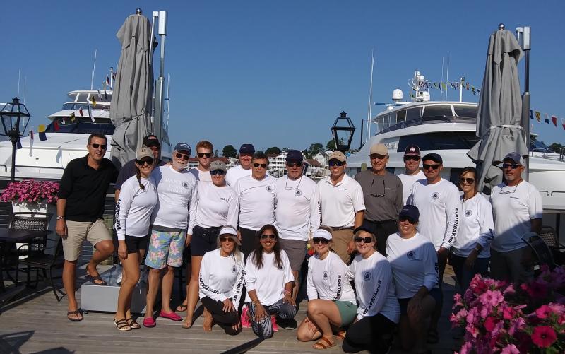 Participants in the Westport Yacht owners’ weekend assemble before the kayak races around Boothbay Harbor. JANE CARPENTER/Boothbay Register