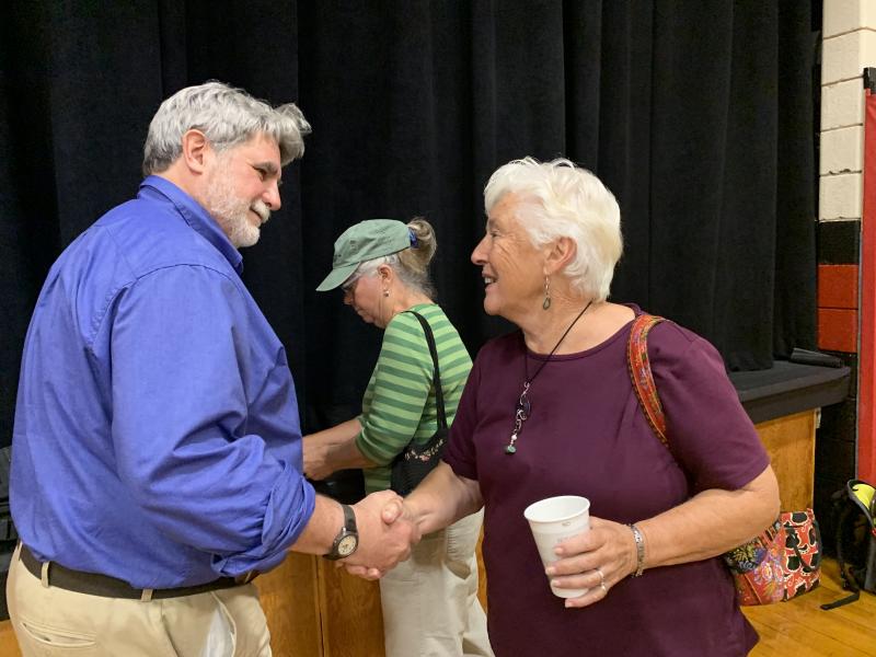 Archeologist Arthur Speiss meets South Bristol’s Donna Plummer Sept. 15 at a kickoff lecture of a Lincoln County Historical Association, Old Fort Western series in Wiscasset. SUSAN JOHNS/Wiscasset Newspaper