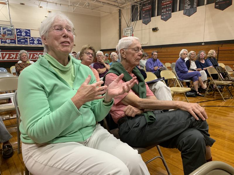 Callie Conner of Westport Island asks a question. At right is husband Bob Conner. SUSAN JOHNS/Wiscasset Newspaper