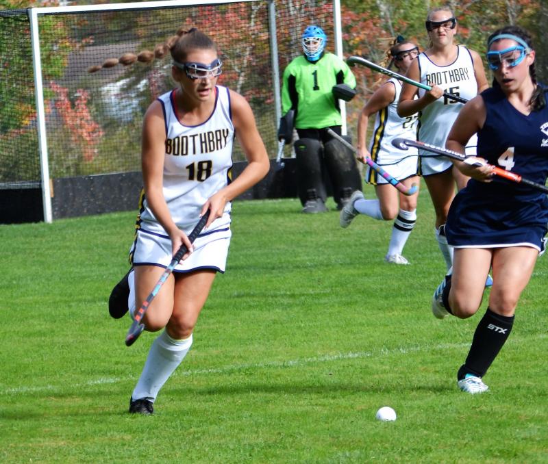 Chloe Arsenault pushes the ball toward the offensive end of the field on Wednesday. Arsenault scored five goals in Boothbay’s 6-0 win. KEVIN BURNHAM/Boothbay Register