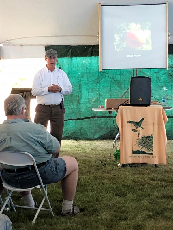 Local orchardist Ron Ross presents at BRLT’s third annual Apple Festival. JENNY BENNETT/Boothbay Register