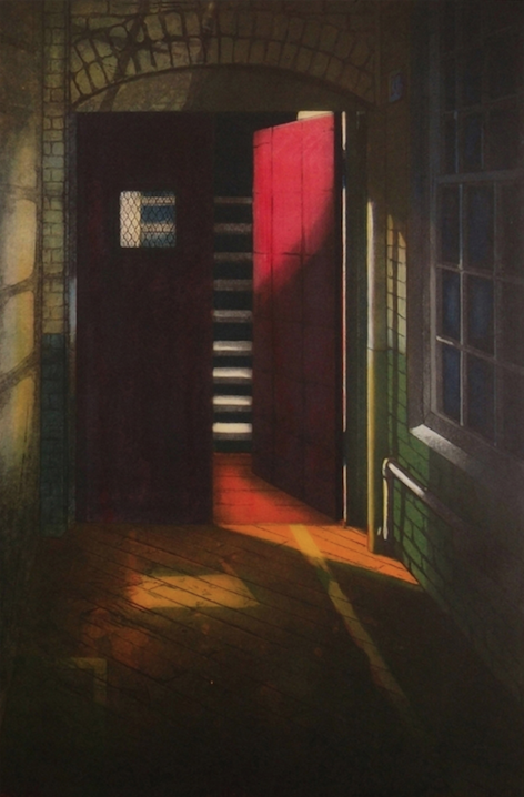“No Exit” - Mary Teichmann - 12” X 17” color etching. Courtesy of Green Lion Gallery, Bath Mary Teichmann