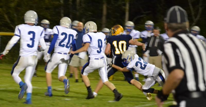 Boothbay quarterback Hunter Crocker rushed for 140 yards on 15 carries Sept. 13 against OOB. Crocker ran for 70 yards on a broken play in the second quarter for a touchdown. BILL PEARSON/Boothbay Register