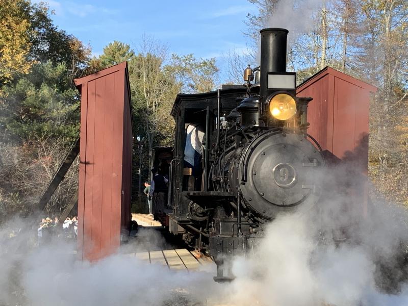 Eighty-six years after it last did it, WW&F’s locomotive No. 9 crosses Alna’s Trout Brook Sunday, Oct. 13. SUSAN JOHNS/Wiscasset Newspaper