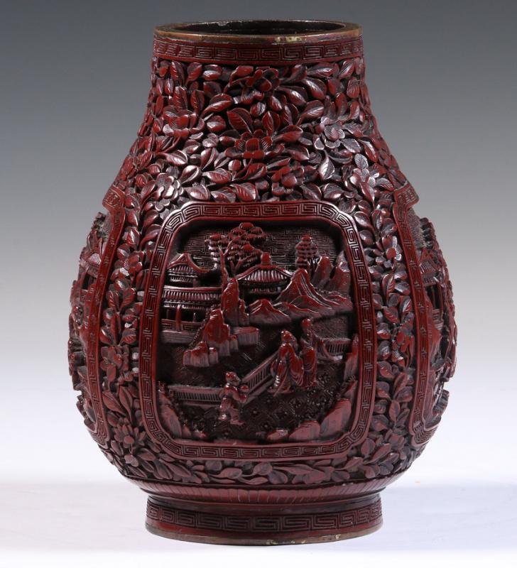 Chinese Qing dynasty bulbous form cinnabar story vase. Courtesy of Carol Achterhof