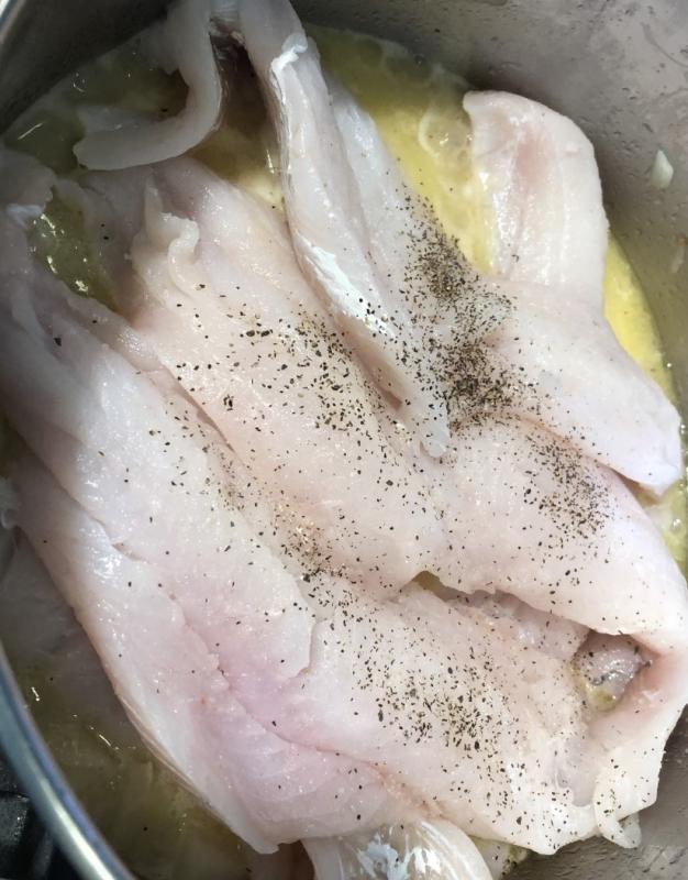Three pounds of haddock added to the pan. Lisa Orne Hallinan photo