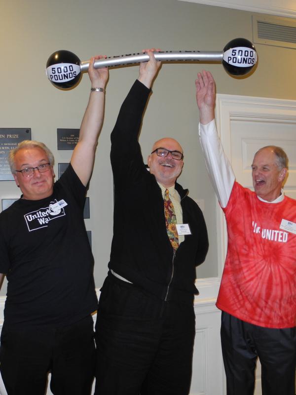 United Way campaign director Tom Blatz of Wiscasset , left, board chair Bill Brillant, center, and campaign chair Steve Bailey have fun with United Way’s campaign theme this year: “People Power for Local Change” Courtesy of Barbara Reinertsen