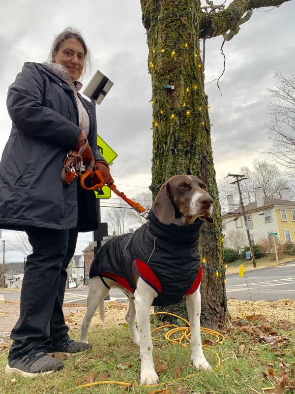 Wiscasset’s Cynthia Pappas and her Greek rescue dog Philo oblige a photo request during their Thanksgiving afternoon walk downtown Nov. 28. SUSAN JOHNS/Wiscasset Newspaper