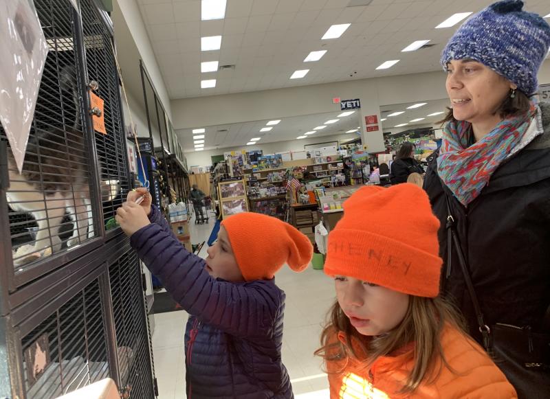 Alna’s Sawyer Cheney, 7, sister Hannah, 8, and mother Stephanie greet a cat up for adoption at Ames True Value Supply. SUSAN JOHNS/Wiscasset Newspaper